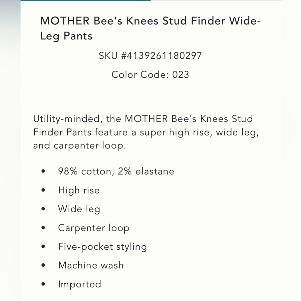 MOTHER Bee’s Knees Stud Finder Wide-Leg Pants Size 28 NWT - Picture 5 of 16